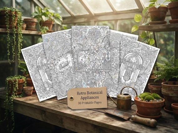Retro Botanical Appliances Coloring Book, Adult Coloring Pages, Vintage Tech Plant Fusion PDF, Digital Download view 6
