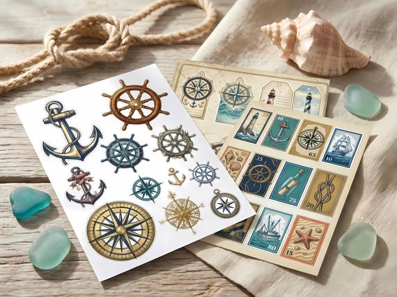Coastal Nautical Junk Journal Kit, Printable Beach Journal Pages, Seaside Ephemera, Lighthouse Tags, Digital Download · JK-056 view 3