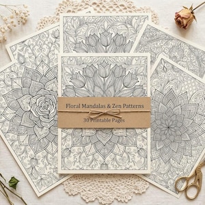 Floral Mandalas Coloring Book, Printable Adult Coloring Pages, Zen Flower Stress Relief PDF, Digital Download · CB-16