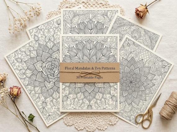 Floral Mandalas Coloring Book, Printable Adult Coloring Pages, Zen Flower Stress Relief PDF, Digital Download · CB-16