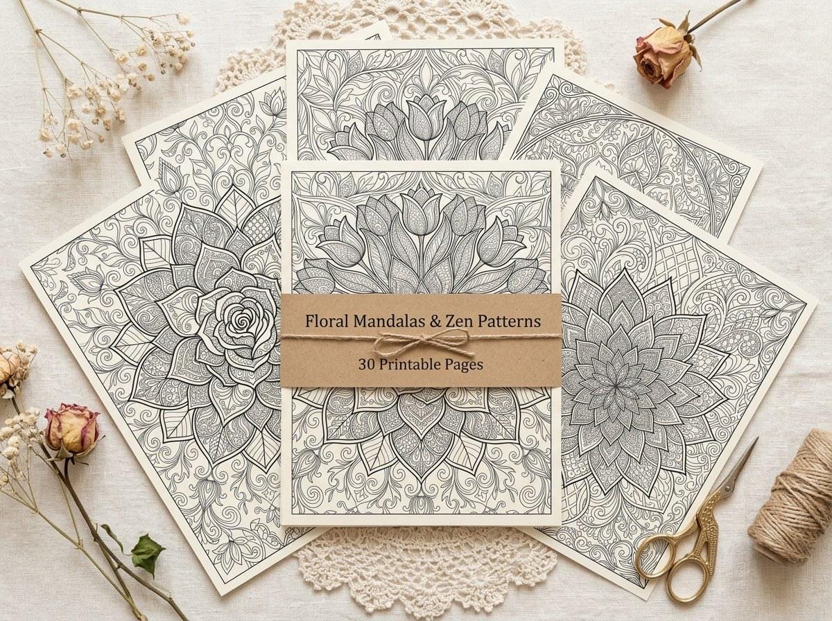 Floral Mandalas Coloring Book, Printable Adult Coloring Pages, Zen Flower Stress Relief PDF, Digital Download · CB-16