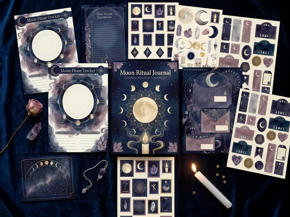 Boho Moon Ritual Junk Journal Kit, Printable Celestial Journal Pages, Moon Phase Ephemera, Crystal Tags, Digital Download · JK-065 view 4