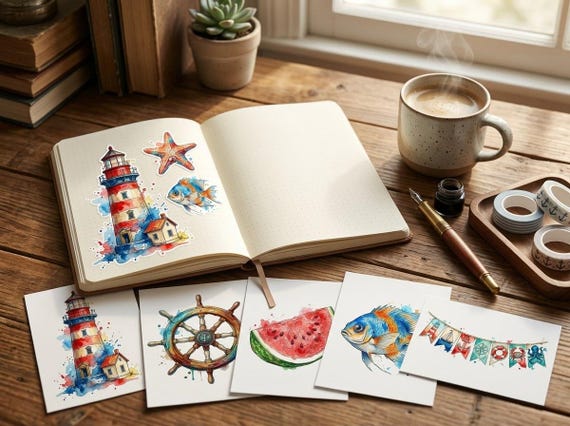 Vintage Seaside Summer Clipart, 30 Transparent PNG, Commercial Use, Sublimation POD, Digital Download view 6