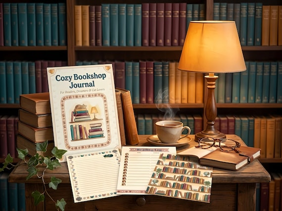Cozy Bookshop Cat Junk Journal Kit, Printable Book Lover Journal Pages, Library Ephemera, Cat Tags, Digital Download · JK-064
