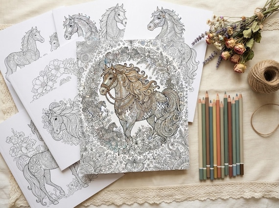 Majestic Horses Coloring Book, Printable Adult Coloring Pages, Majestic Decorative Horse Stress Relief PDF, Digital Download · CB-32 view 5