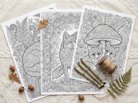 Red Foxes & Autumn Woodland Coloring Book, Printable Adult Coloring Pages, Fox Nature Stress Relief PDF, Digital Download view 7