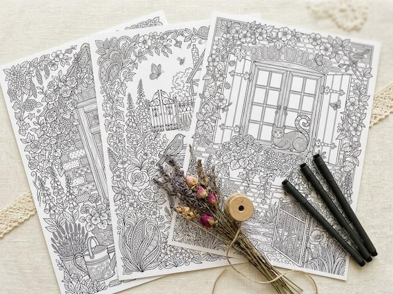 English Cottage Garden Coloring Book, Printable Adult Coloring Pages, Floral Garden Stress Relief PDF, Digital Download · CB-09 view 3