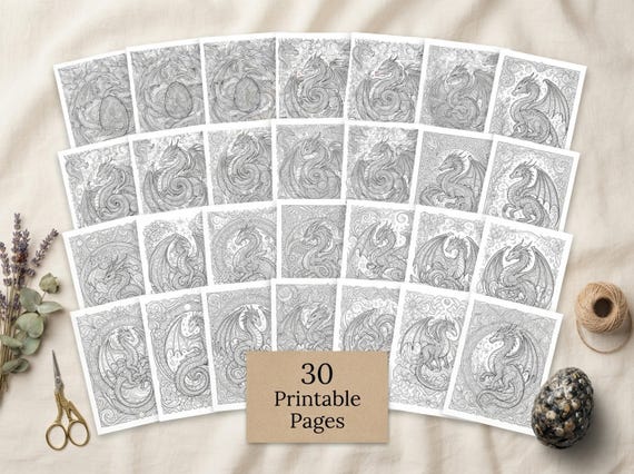 Mystical Dragons Coloring Book, Printable Adult Coloring Pages, Ornate Mystical Dragon Stress Relief PDF, Digital Download · CB-39 view 2