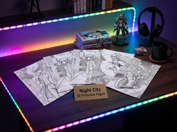 Manga Coloring Book Vol. 3 Night City Cyberpunk Noir, Printable Anime Style Coloring Pages, Neon Detective Ninja PDF, Digital Download view 2