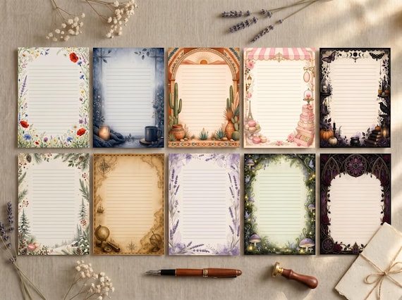 Decorative Lined Journal Pages — Vol. 2, Printable Writing Paper, Illustrated Lined Pages, Digital Download, Print at Home Stationery