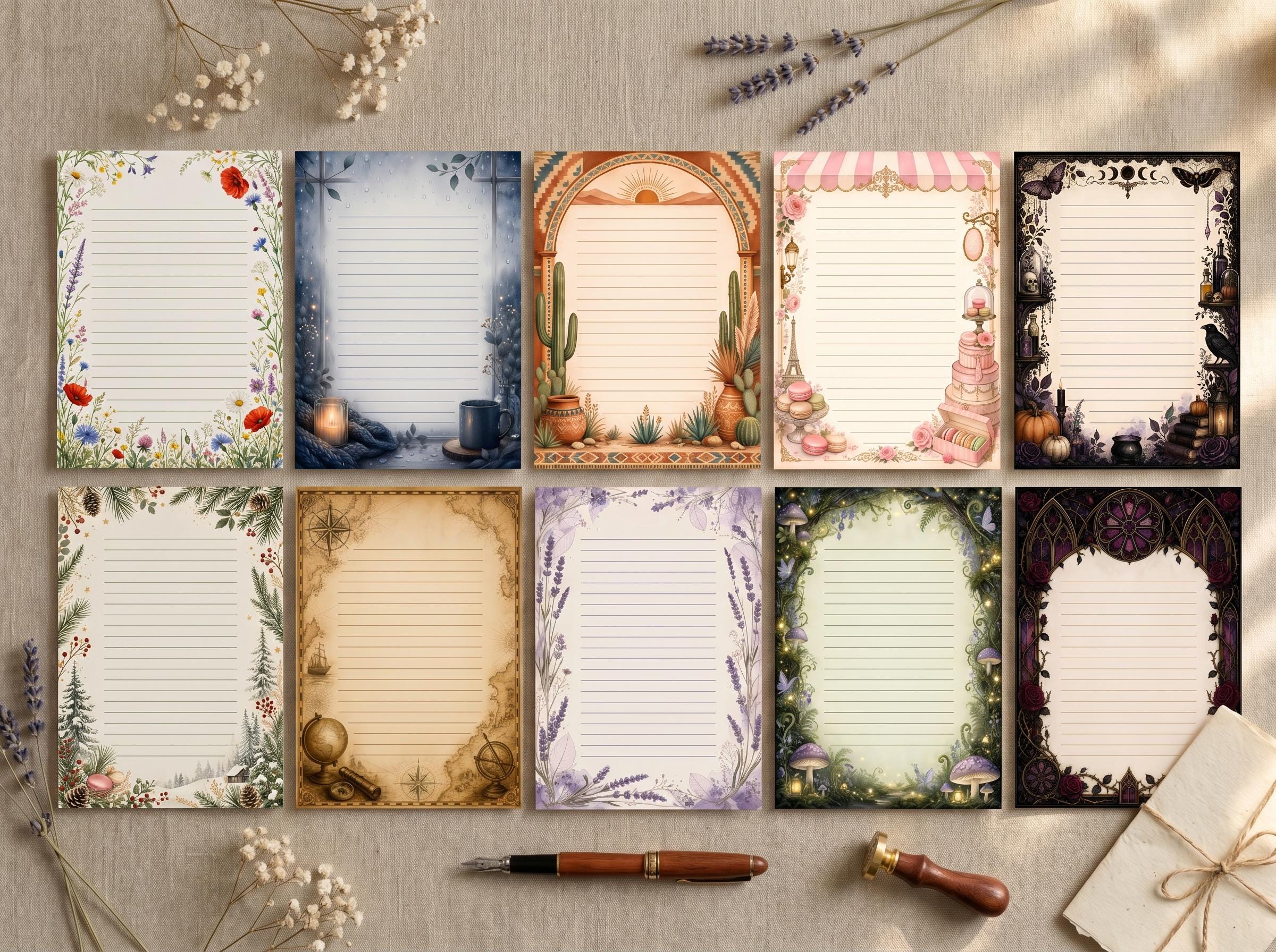 Decorative Lined Journal Pages — Vol. 2, Printable Writing Paper, Illustrated Lined Pages, Digital Download, Print at Home Stationery