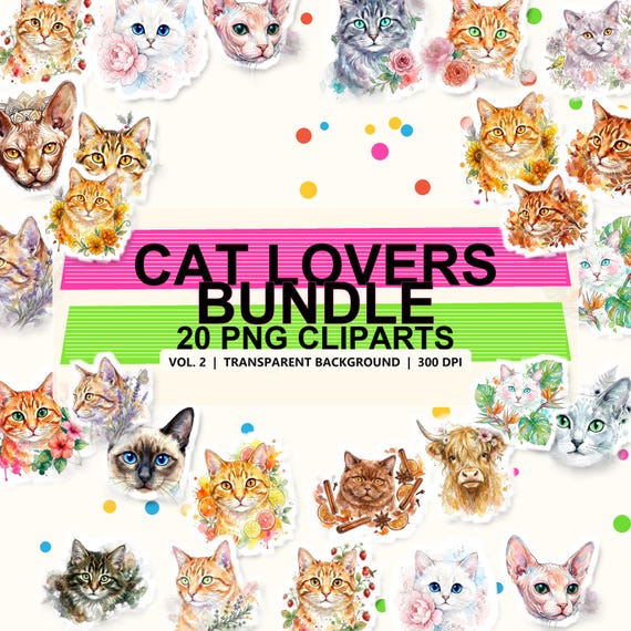 Watercolor Cats Clipart Vol. 2 — 20 Watercolor PNG Clipart, Transparent Background, 300 DPI, Digital Download, Commercial Use