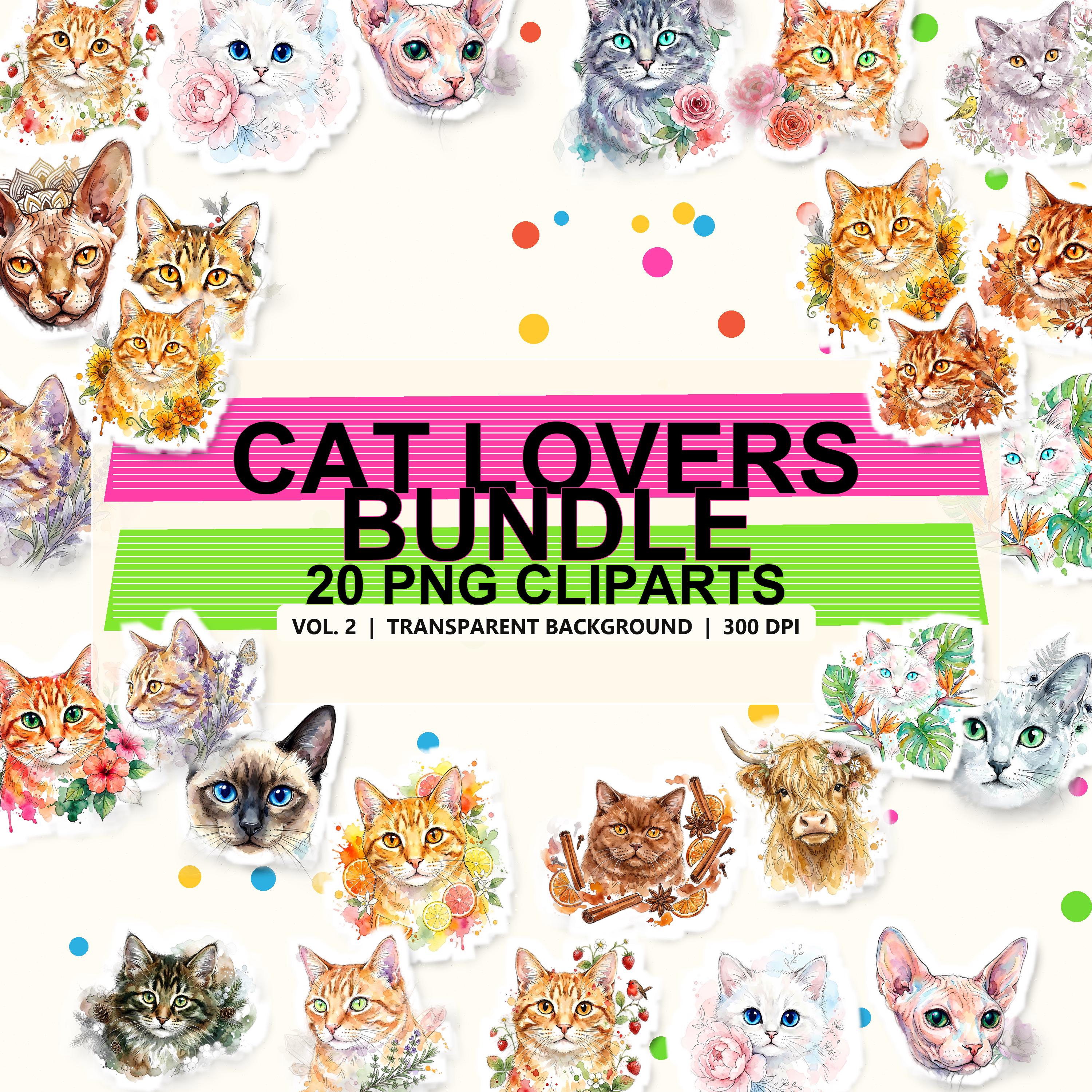 Watercolor Cats Clipart Vol. 2 — 20 Watercolor PNG Clipart, Transparent Background, 300 DPI, Digital Download, Commercial Use