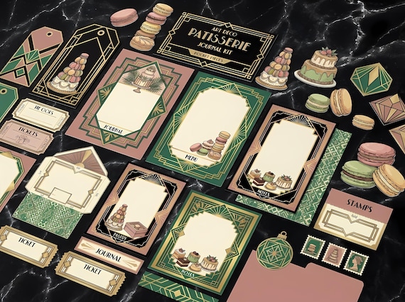 Art Deco Patisserie Junk Journal Kit, Printable 1920s Paris Journal Pages, Geometric Ephemera, Cake Box Tags, Gatsby Glamour Scrapb · JK-043 view 2