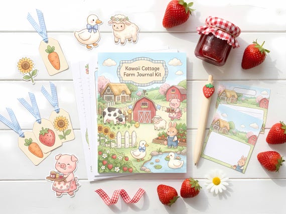 Kawaii Cottage Farm Journal Kit, Printable Storybook Journal Pages, Cottagecore Ephemera, Recipe Cards, Tags, Fussy Cuts · JK-008