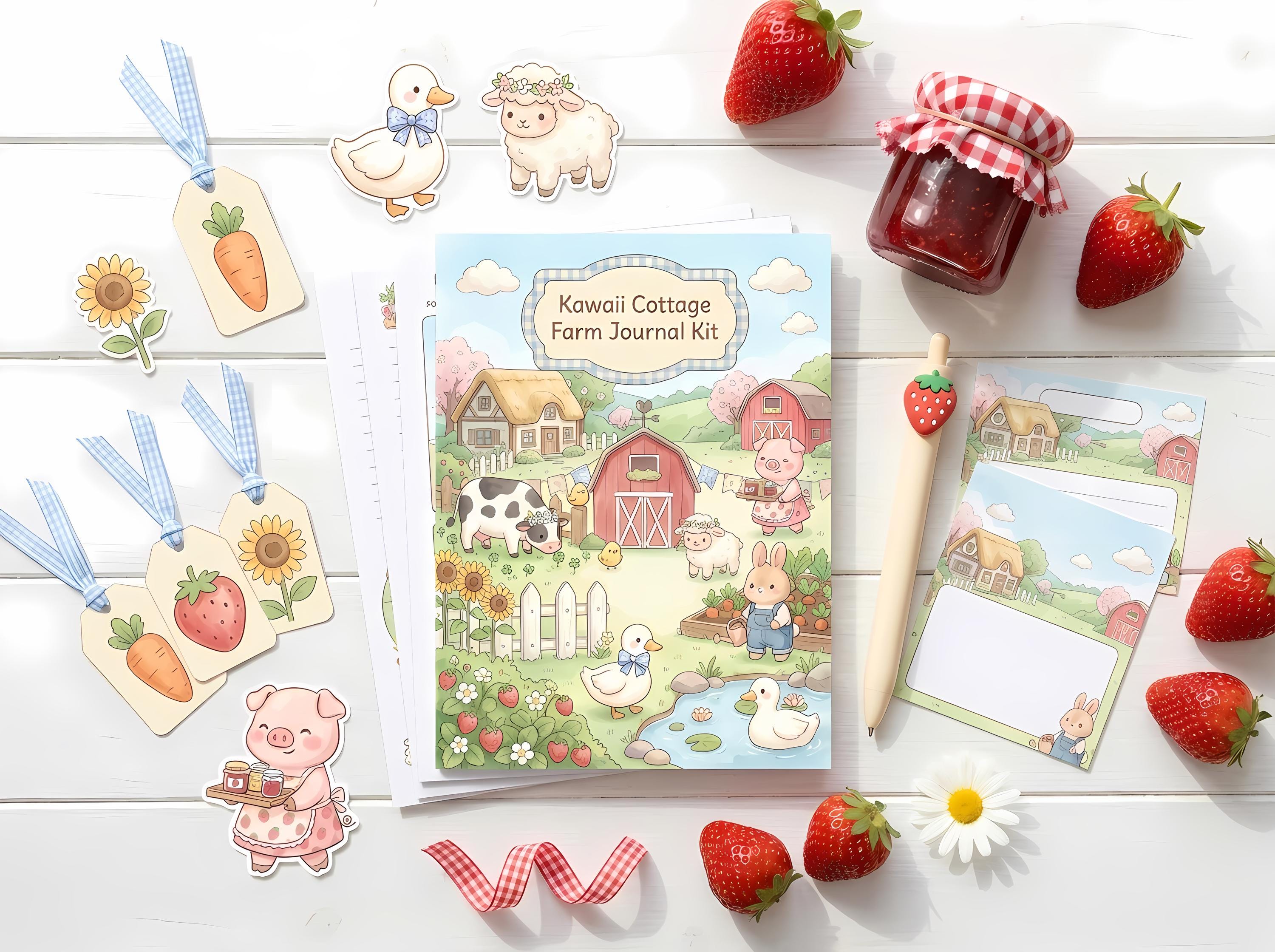 Kawaii Cottage Farm Journal Kit, Printable Storybook Journal Pages, Cottagecore Ephemera, Recipe Cards, Tags, Fussy Cuts · JK-008