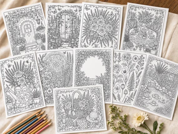 Cozy Cottage Garden Coloring Book, Printable Adult Coloring Pages, Stress Relief Floral Garden PDF, Digital Download · CB-03 view 2