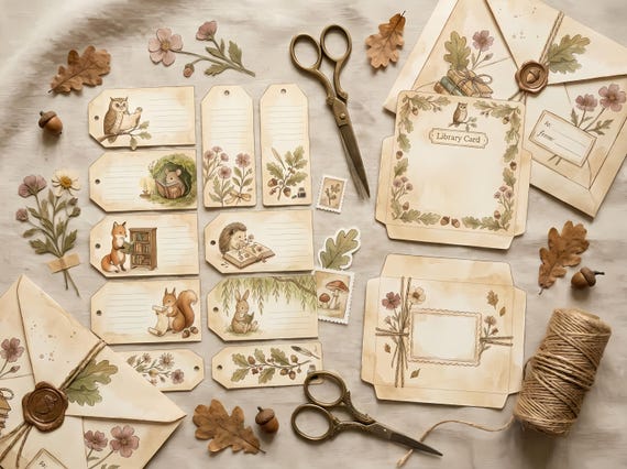 Forest Library Junk Journal Kit, Printable Woodland Book Lover Journal Pages, Cottagecore Ephemera, Tags, Bookplates, Fussy Cuts · JK-002 view 3