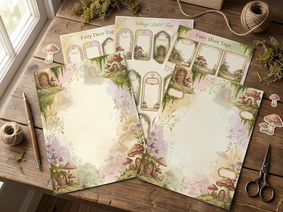 Fairy Door Village Junk Journal Kit, Printable Whimsical Fairy Journal Pages, Mushroom Ephemera, Fairy Door Tags, Fussy Cuts · JK-024