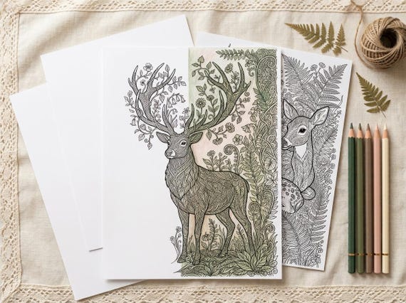 Woodland Deer & Ferns Coloring Book, Printable Adult Coloring Pages, Forest Nature Stress Relief PDF, Digital Download view 3