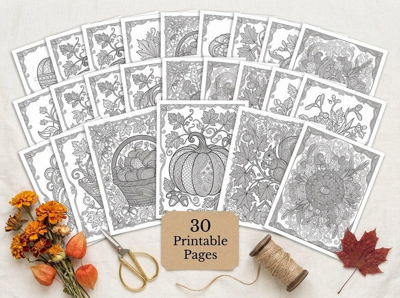 Cozy Autumn Harvest Coloring Book, Printable Adult Coloring Pages, Fall Pumpkin Stress Relief PDF, Digital Download · CB-13 image 2