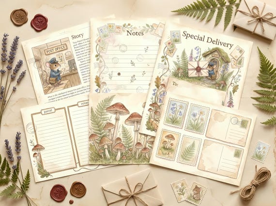 Tiny Postal Mouse Junk Journal Kit, Printable Woodland Correspondence Pages, Cottagecore Ephemera, Tags, Postcards, Fussy Cuts · JK-003 view 2