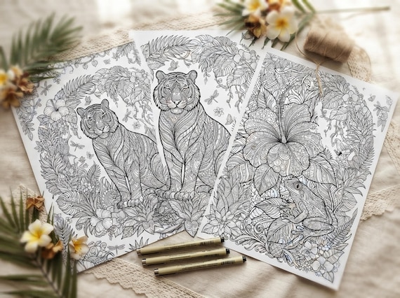 Tropical Jungle Paradise Coloring Book, Printable Adult Coloring Pages, Lush Tropical Jungle Stress Relief PDF, Digital Download · CB-20 view 3