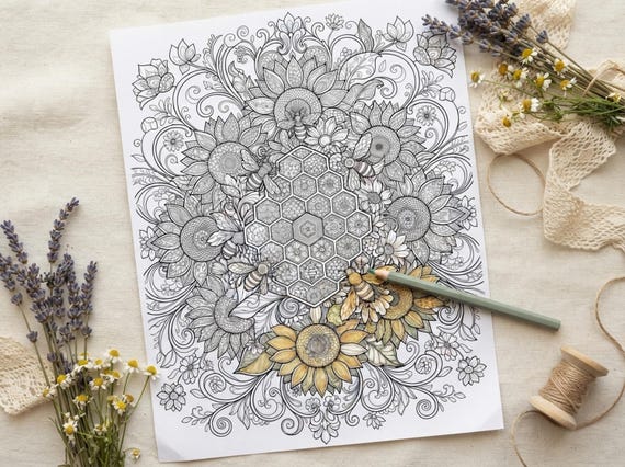 Bees & Sunflowers Coloring Book, Printable Adult Coloring Pages, Golden Bees And Sunflowers Stress Relief PDF, Digital Download · CB-42 view 7