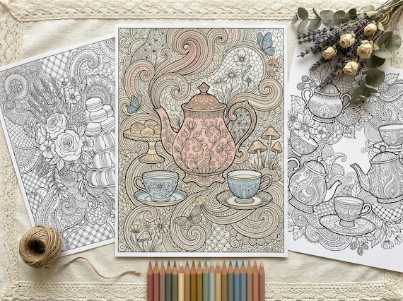 Cottagecore Tea Party Coloring Book, Printable Adult Coloring Pages, Cottagecore Tea Party Stress Relief PDF, Digital Download · CB-25 view 4