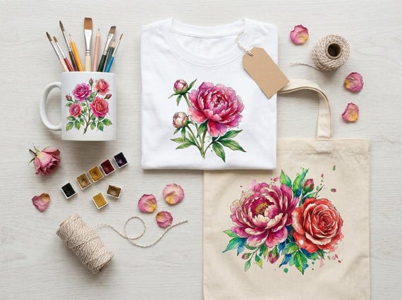 Watercolor Rose & Peony Clipart, 30 Transparent PNG, Commercial Use, Sublimation POD, Digital Download view 2