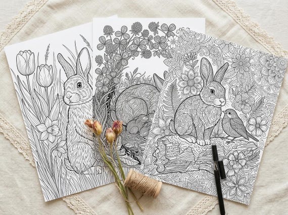 Spring Rabbits & Meadow Coloring Book, Printable Adult Coloring Pages, Spring Nature Stress Relief PDF, Digital Download view 7