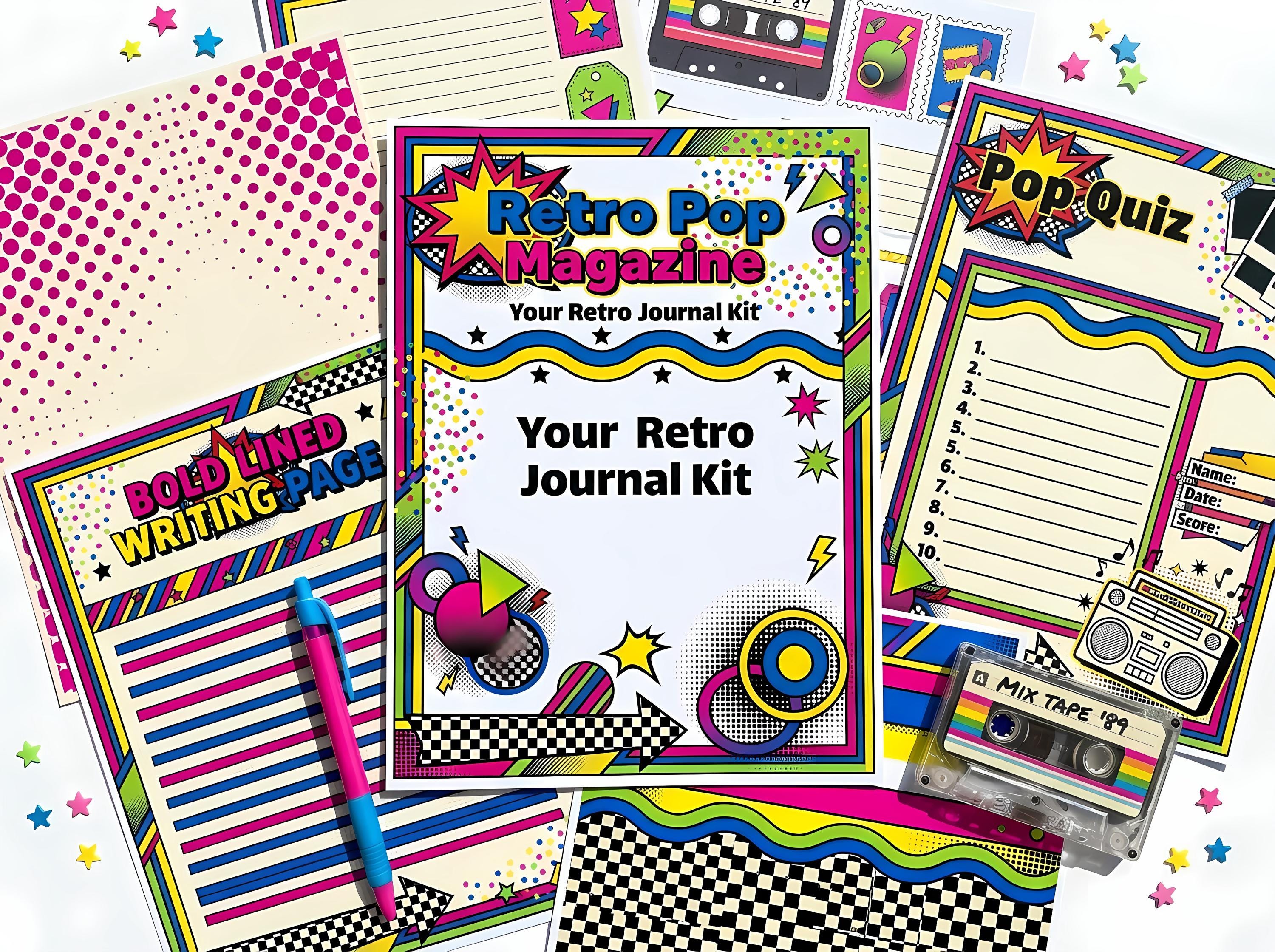 Retro Pop Magazine Junk Journal Kit, Printable 80s 90s Pop Journal Pages, Halftone Ephemera, Polaroid Fussy Cuts, Digital Download · JK-047
