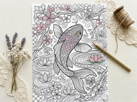 Japanese Koi & Cherry Blossom Coloring Book, Printable Adult Coloring Pages, Stress Relief PDF, Digital Download · CB-21 view 3