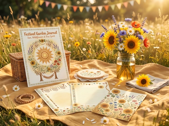 Boho Festival Garden Junk Journal Kit, Printable Wildflower Journal Pages, Folk Art Ephemera, Flower Tags, Digital Download · JK-066