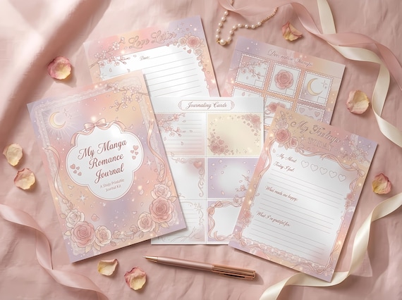 Manga Shojo Romance Junk Journal Kit, Printable Anime Journal Pages, Cherry Blossom Ephemera, Romance Tags, Digital Download · JK-121 view 2