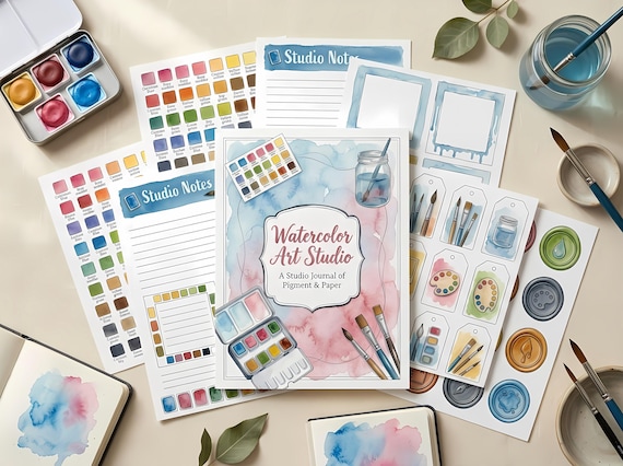 Art Studio Junk Journal Kit, Printable Watercolor Artist Journal Pages, Paint Palette Ephemera, Brush Tags, Digital Download · JK-089