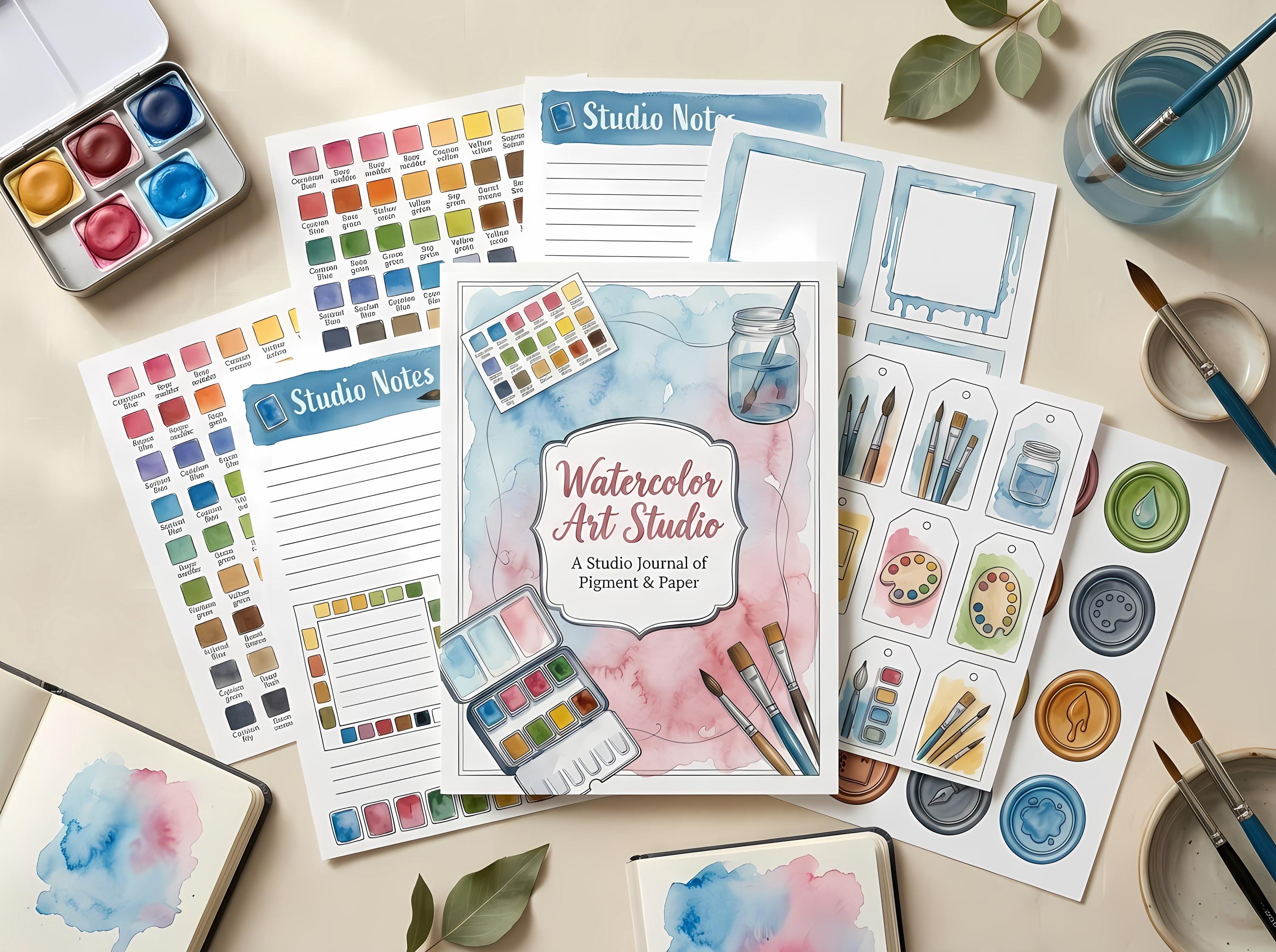 Art Studio Junk Journal Kit, Printable Watercolor Artist Journal Pages, Paint Palette Ephemera, Brush Tags, Digital Download · JK-089