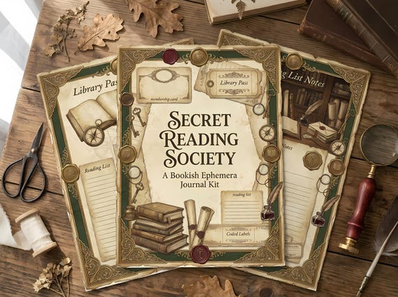 Secret Reading Society Junk Journal Kit, Printable Book Club Journal Pages, Library Ephemera, Membership Cards Fussy Cuts, Digital · JK-031 view 2
