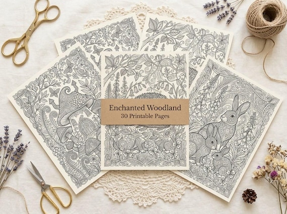 Enchanted Woodland Coloring Book, Printable Adult Coloring Pages, Gentle Woodland Cottagecore Stress Relief PDF, Digital Download · CB-18