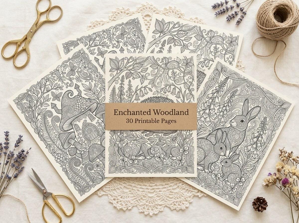 Enchanted Woodland Coloring Book, Printable Adult Coloring Pages, Gentle Woodland Cottagecore Stress Relief PDF, Digital Download · CB-18