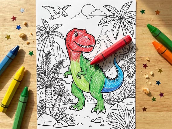 Dinosaurs Kids Coloring Book, 30 Printable Coloring Pages for Ages 4-8, Boys and Girls Activity PDF, Digital Download view 2