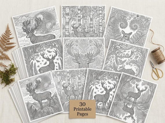 Woodland Deer & Ferns Coloring Book, Printable Adult Coloring Pages, Forest Nature Stress Relief PDF, Digital Download view 5