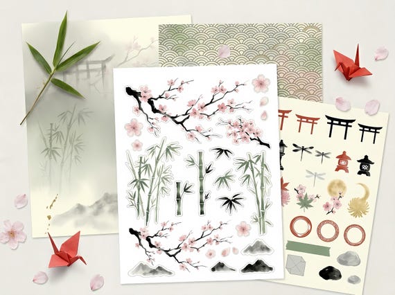 Japanese Zen Garden Junk Journal Kit, Printable Cherry Blossom Journal Pages, Zen Ephemera, Washi Tags, Digital Download · JK-062 view 3