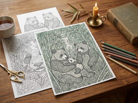 Giant Pandas & Bamboo Coloring Book, Printable Adult Coloring Pages, Bamboo Forest Stress Relief PDF, Digital Download view 2