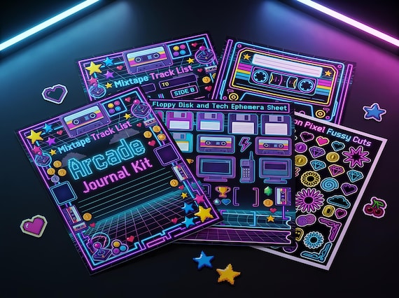 Neon Arcade Junk Journal Kit, Printable 80s Arcade Journal Pages, Pixel Art Ephemera, Cassette Tape Fussy Cuts, Digital Download · JK-046 view 2