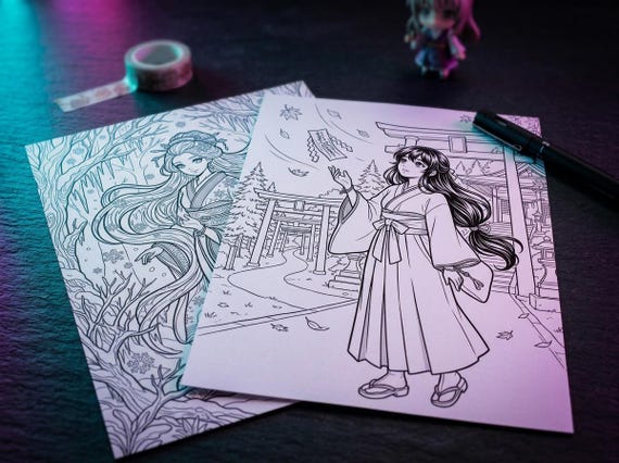 Manga Coloring Book Vol. 2 Japanese Folklore Fantasy, Printable Anime Style Coloring Pages, Kitsune Yokai Samurai PDF, Digital Download view 6