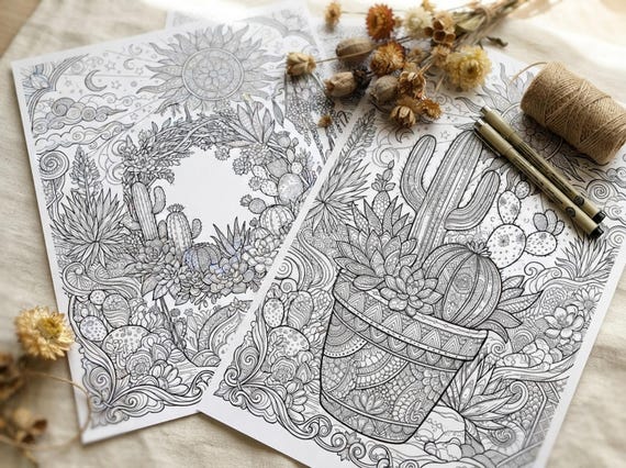 Desert Cactus & Succulents Coloring Book, Printable Adult Coloring Pages, Desert Cactus Stress Relief PDF, Digital Download · CB-24 view 3