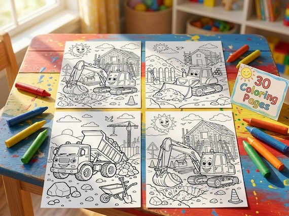 Construction Vehicles Kids Coloring Book, 30 Printable Coloring Pages for Ages 4-8, Boys and Girls Activity PDF, Digital Download view 2
