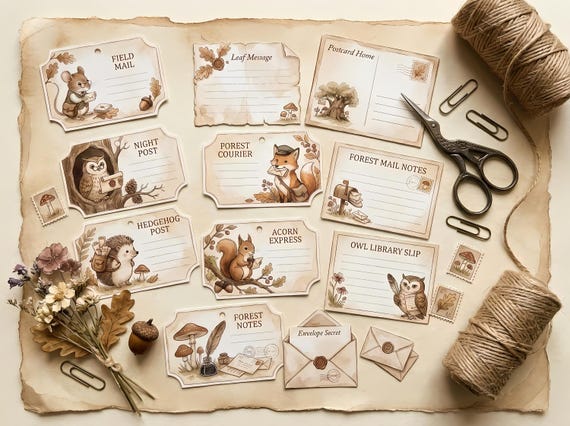 The Tiny Forest Post Office Junk Journal Kit — Printable Woodland Journal, Cottagecore Ephemera, Tags, Envelopes, Fussy Cuts · JK-001 view 3