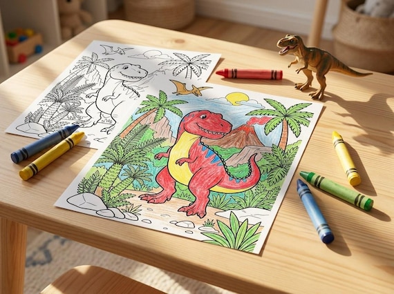 Dinosaurs Kids Coloring Book, 30 Printable Coloring Pages for Ages 4-8, Boys and Girls Activity PDF, Digital Download